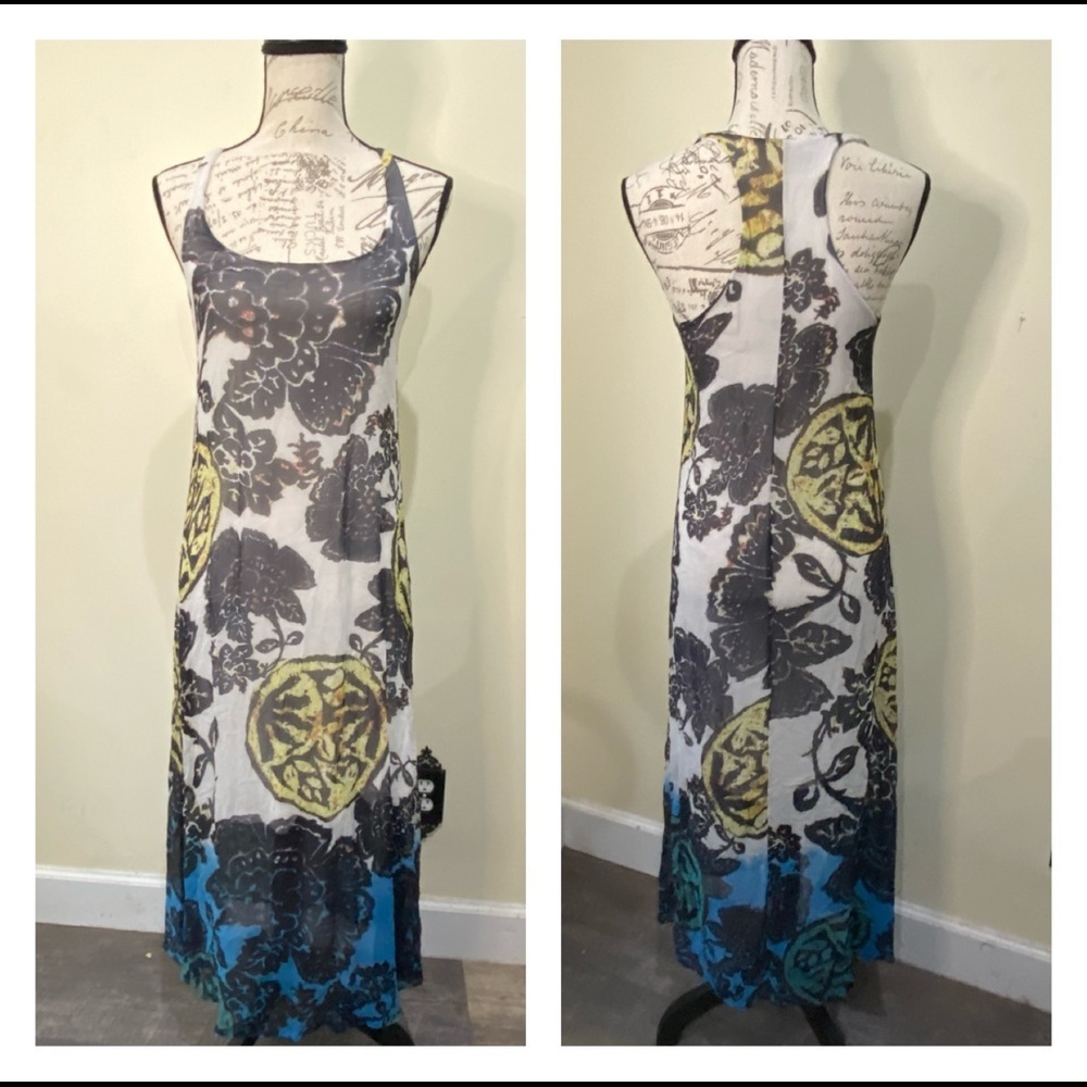 Language Sheer White Blue Ombré Boho Floral Print Racerback Beach‎ Summer Dress
